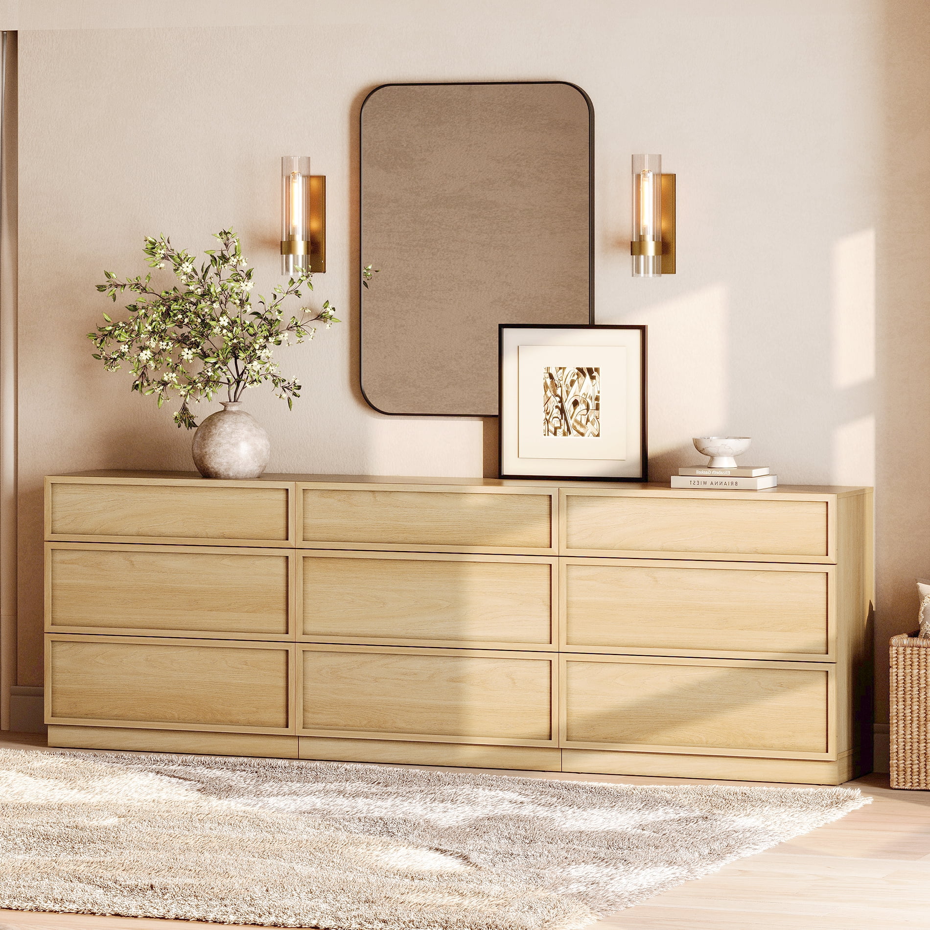 Modern 9-Drawer Wood Dresser, Handle-Free Push-Press Storage Chest with Solid Floor Base, Minimalist Storage Cabinet for Bedroom Living Room, Oak