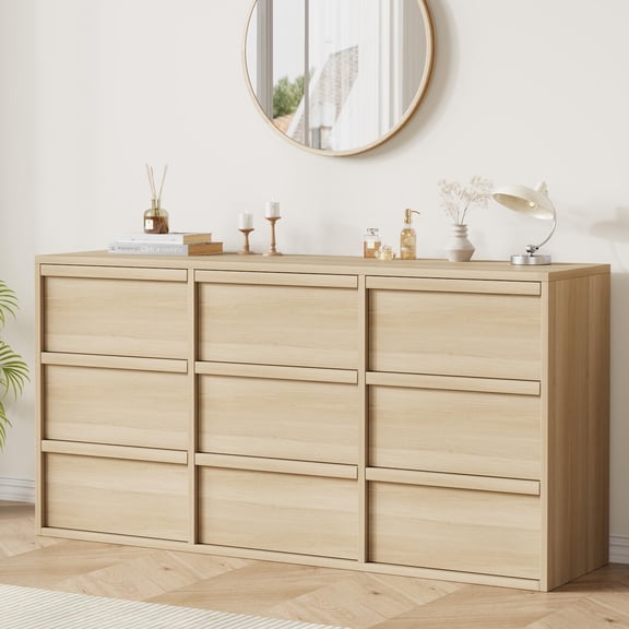 Modern 9-Drawer Wooden Dresser Storage Chest for Bedroom, Antique White Natural Oak