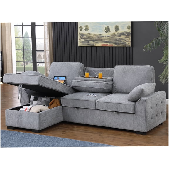 Modern 91" Wide Sleeper Sofa with Charging Station, Storage Chaise & Convertible Table in Light Gray Chenille