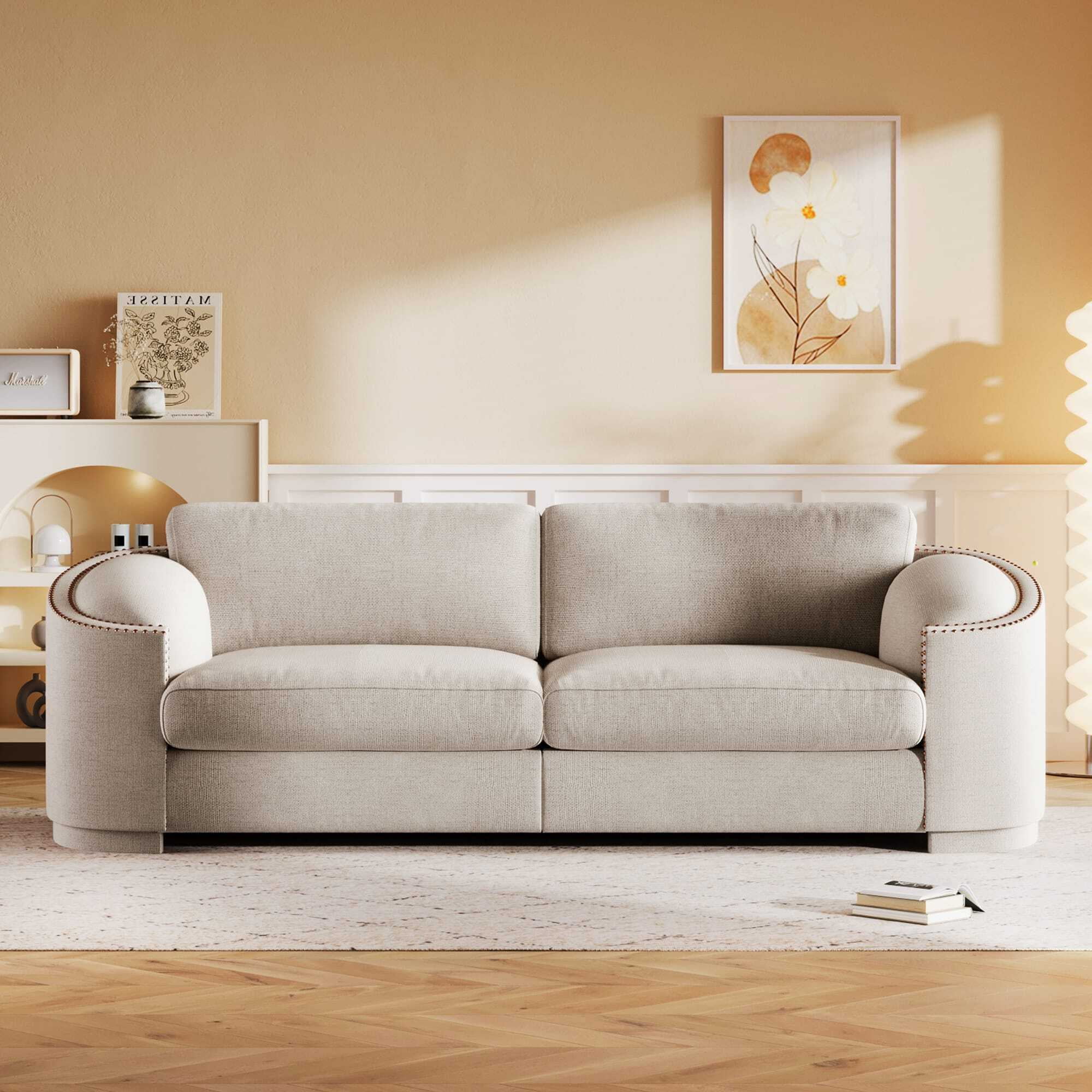 Modern 92 Sofa Couch ONE PIX Stylish Sofa with Rivet Detailing Sleeper Sofa with Semilunar Arm and Solid Frame for Living Room Beige