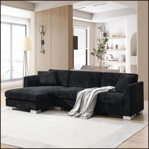 Modern 96” L-Shaped Chenille Sectional Sofa - 4-Seat with Chaise & 2 Pillows for Living Room | Chenille | Pillow Back | Black