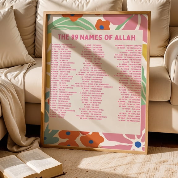 Modern 99 Names Of Allah Englisch Islamic Flower Aura Quote Religious For Ramadan Botanical Wall Art Poster , Poster Print Only