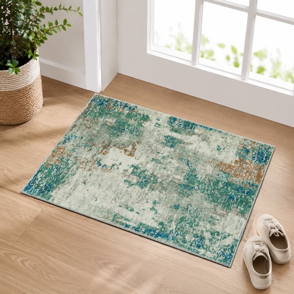 Modern Abstract 2x3 Area Rug, Small Soft Low Pile Accent Carpet for Entryway, Washable Non-Slip Floor Mat for Kitchen Bathroom Laundry, Green/Grey