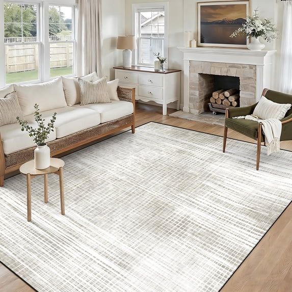 5x7 Area Rug, Washable Non Slip Soft Low Profile Indoor Rug, Modern Abstract Neutral Rug for Living Room, Bedroom, Dining Room & Office, Brown