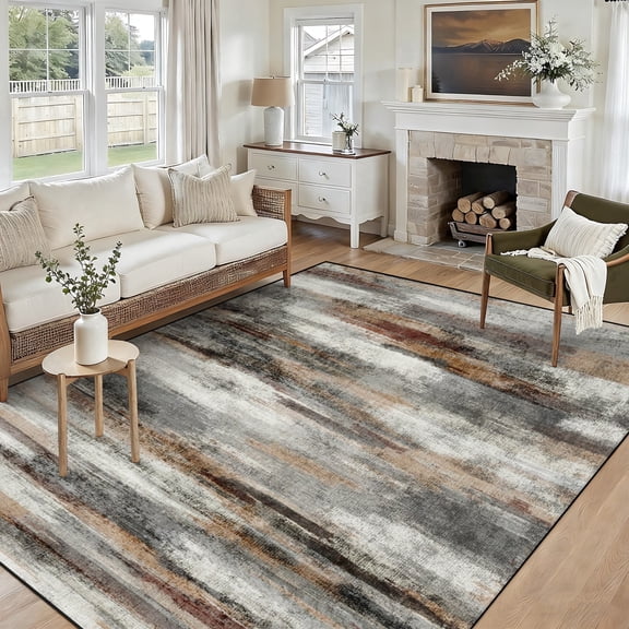 5x7 Area Rug, Washable Non Slip Soft Low Profile Indoor Rug, Modern Abstract Neutral Rug for Living Room, Bedroom, Dining Room & Office, Brown
