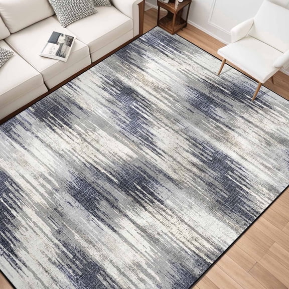 5x7 Washable Non Slip Area Rug, Modern Abstract Neutral Wash Gradient Navy Blue Print, Low Pile Soft Indoor Floor Carpet, Large Rug for Living Room Bedroom Farmhouse Coastal Home Decor