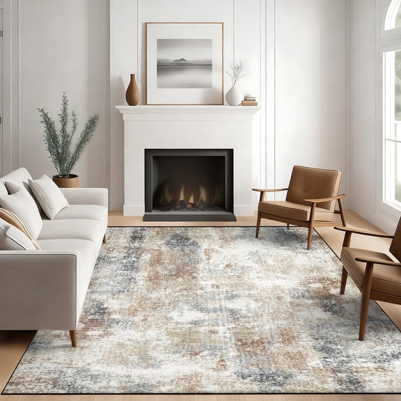 5x7 Washable Non Slip Area Rug, Modern Textured Abstract Distressed Neutral Warm Mocha Large Soft Low Pile Floor Carpet for Living Room Bedroom