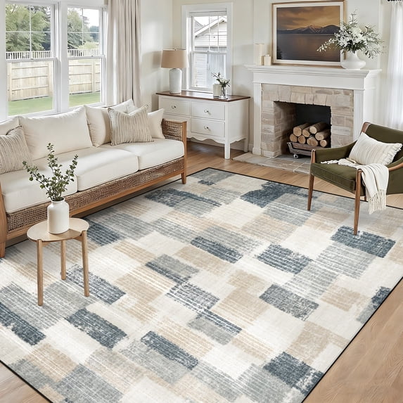 Modern Abstract 5x7 Area Rug, Washable Non Slip Soft Low Profile Indoor Rug, Textured Neutral Floor Rug for Living Room, Bedroom, Dining Room & Office