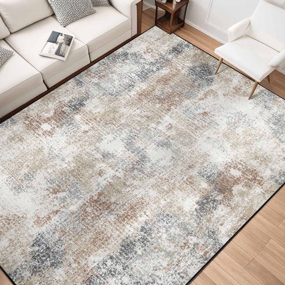 5x7 Washable Non Slip Area Rug, Modern Abstract Textured Distressed Multicolor Neutral Rug, Soft Low Pile Carpet for Living Room Bedroom