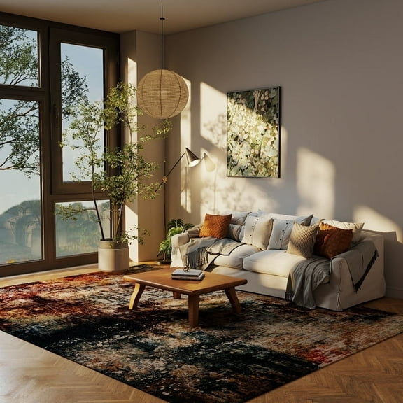 Modern Abstract 5x7 Area Rugs for Living Room, Washable Bedroom Rug Soft Non Slip Low Pile, Faux Wool Contemporary Carpet for Indoor Floor Decor Home Office Dining Room,Red/Multi