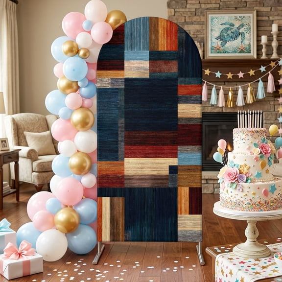 Modern Abstract Arch Backdrop Covers 4 FT, Geometric Architectural Art Color Blocks in Deep Navy Stretchy Fitted Arched Stand Covers Party Arch Stand Cover Photo Booth for Wedding Birthday Decor