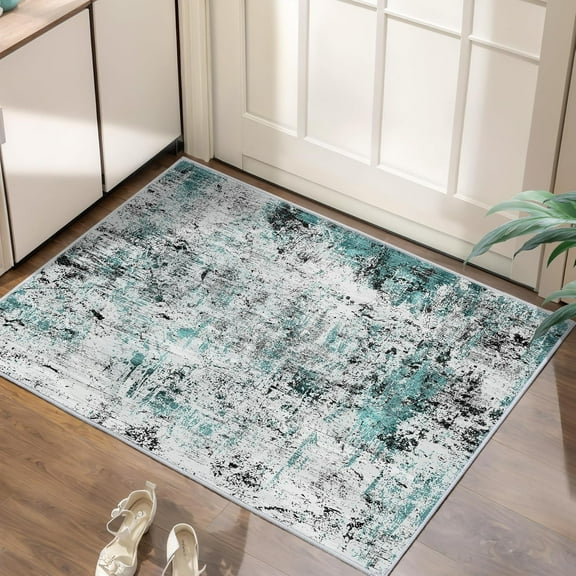 Modern Abstract Area Rug 2x3 Washable Small Entryway Rugs, Non-Slip Low Pile Throw Rug, Foldable Kitchen Bathroom Rug, Teal Black Floor Carpet for Entrance Living Room Bedroom Indoor Door Mat