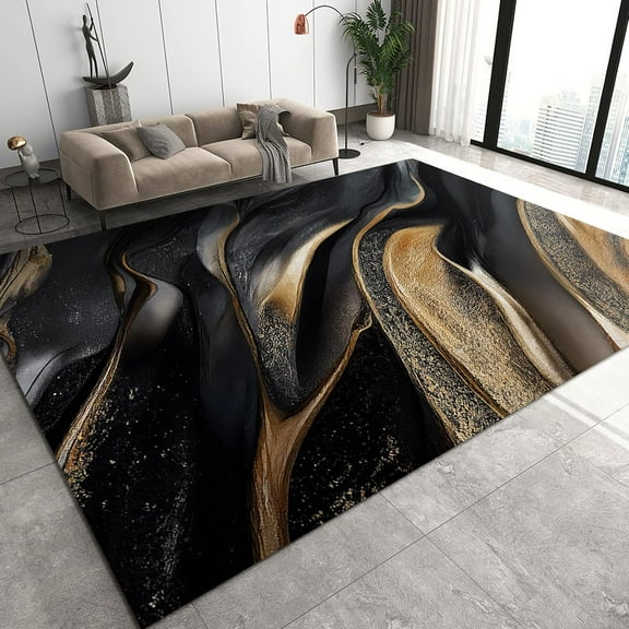 Modern Abstract Area Rug, Black Gold Paint Fluid Texture Outdoor Carpet, Home Decor Non-slip Backing Machine Washable Rug for Living Room Bedroom Dining Room Apartment Decor Mats 2'x3'