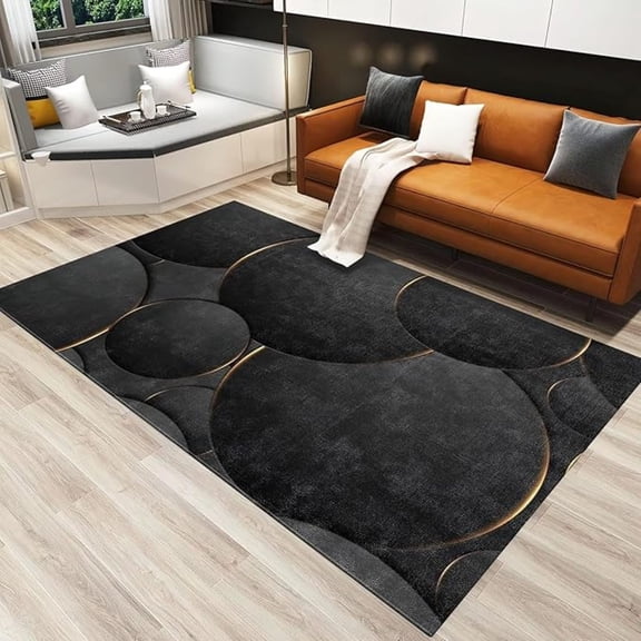 Modern Abstract Area Rug, Black Round Gold Edge Art Indoor Non Slip Living Room Rug, Machine Washable Breathable Carpet For Bedroom Kitchen Dining Room Home Office Floor Mat 1x2ft