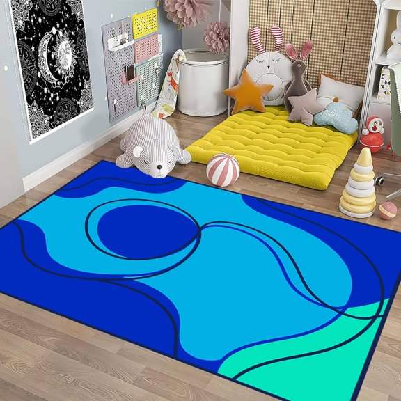 Modern Abstract Area Rug,Blue Lines Rug Contemporary Area Rug Light Blue Rug Abstract Lines, Non-Slip Backing For Bedroom Dining Room Living Room Hallway Office Kitchen Entryway 3x5ft