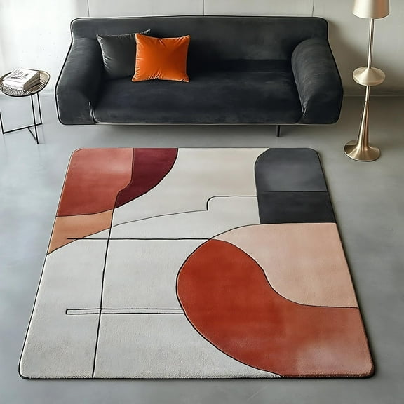 Modern Abstract Area Rug, Geometric Pattern, Multi-Color With Terracotta And Grey, Living Room Carpet 5x7ft