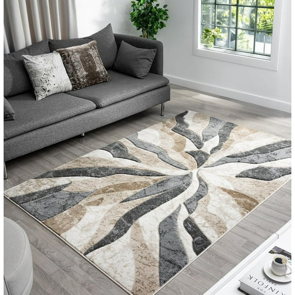 Modern Abstract Area Rug Hand Carved Contemporary Geometric Swirls Vibrant Colors Carpet for Living Room Bedroom Design PR1002 (Beige, 5' x 7')
