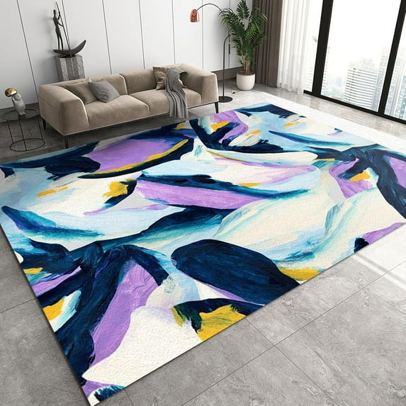 Modern Abstract Area Rug, Purple Blue Watercolor Graffiti Painting Outdoor Carpet, Non-Slip Short Pile Soft and Comfortable Rug Mats 2ft x 3ft