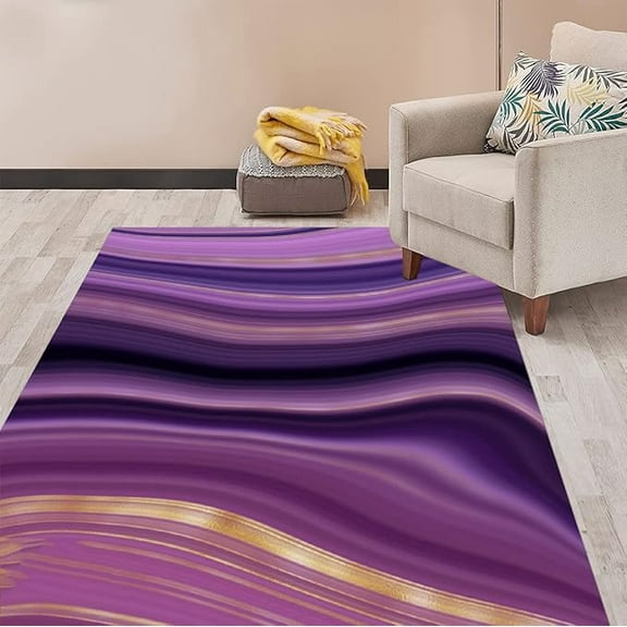 Modern Abstract Area Rug Washable Soft Marble Swirl Purple Gold Rug For Living Room Bedroom Lux Carpet Under Dining Table Office Floor Covers Non-Slip Kitchen Runner Rug 2 x 3ft