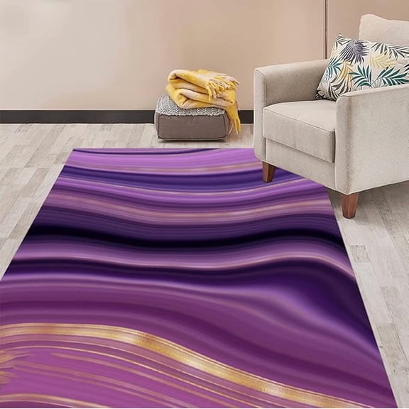 Modern Abstract Area Rug Washable Soft Marble Swirl Purple Gold Rug For Living Room Bedroom Lux Carpet Under Dining Table Office Floor Covers Non-Slip Kitchen Runner Rug 5 x 8ft