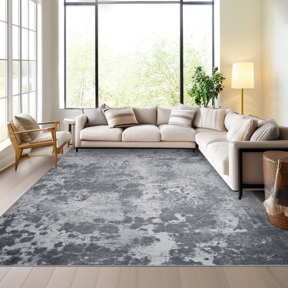 Modern Abstract Area Rugs 5x7, Large Washable Rugs for Living Room Soft Rugs for Bedroom, Neutral Low Pile Carpet for Apartment Bathroom Floor Grey