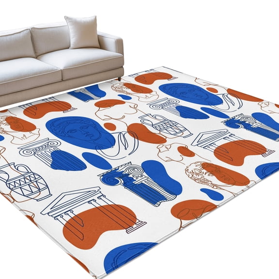 Modern Abstract Area Rugs 5x8ft Blue Red Classical Greek Sculptural Heads Floor Rug Non Slip Low Pile Ultra Soft Throw Carpet for Entryway Indoor Entrance Kitchen Bathroom