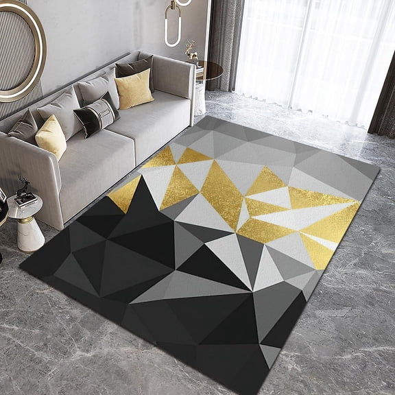 Modern Abstract Area Rugs, Black Gold Stereo Geometry Pattern Floor Carpet, Modern Non-Shedding Indoor Foldable Easy to Clean Rug for Living Room Bedroom Office Home Decor 5ft x 8ft