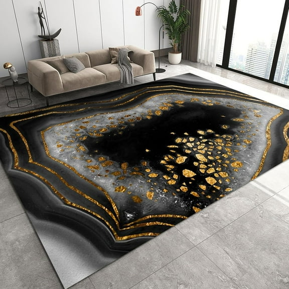 Modern Abstract Area Rugs, Black Marble Gold Texture Indoor Carpet, Washable Non-Slip Thick Soft and Comfortable Floor Rug for Kitchen Doormat Entrance Door Decor Mats 2ft x 3ft