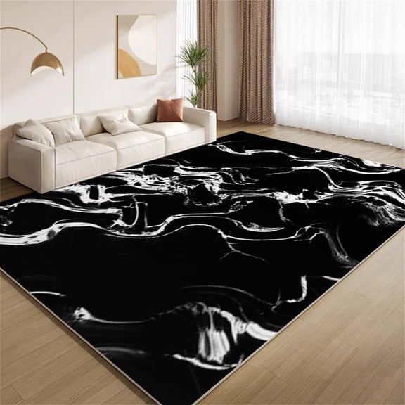 Modern Abstract Area Rugs, Black White Wave Carpet, Washable Non Slip Low Pile Soft Rug for Living Room Bedroom Entry Decor Mat 3ftx5ft