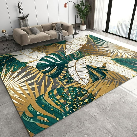 Modern Abstract Area Rugs, Green Monstera White Banana Leaves Outdoor Carpet, Soft Comfy Washable Non-Slip Living Room Rug for Bedroom Study Playing Home Decor Mats 2ft x 3ft