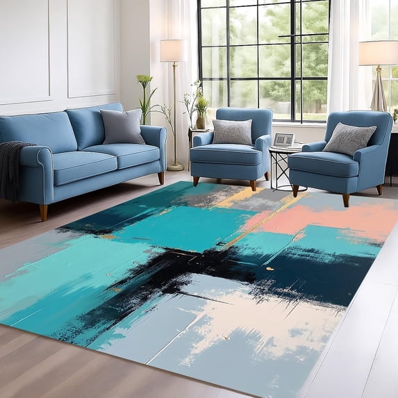 Modern Abstract Area Rugs, Machine Washable Art Design Carpet, Washable Non Slip Low Pile Rug for Living Room Bedroom Dining Room Decor Mat 5x8ft