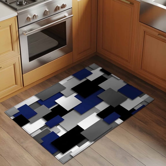 Modern Abstract Art 2x3 Rug for Entryway Front Door Kitchen Sink Area, Navy Gray Black Rectangular Geometric Low Pile Washable Non Slip Rectangle Area Rug