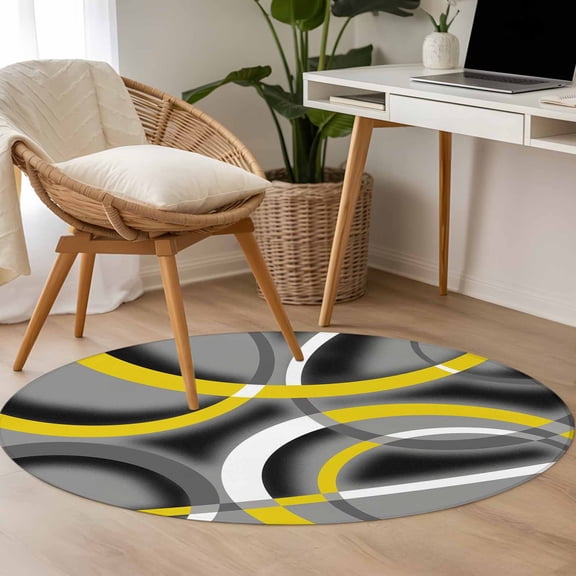 Modern Abstract Art 3.3ft Round Rug for Bedroom Reading Corner, Yellow Grey Geometric Circle Washable Non Slip Circle Area Rug