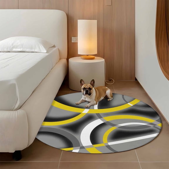 Modern Abstract Art 3ft Round Rug for Bathroom Accent Bedside Corner, Yellow Grey Geometric Circle Washable Non Slip Circle Area Rug for Small Spaces