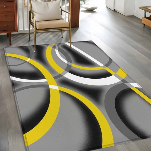 Modern Abstract Art 3x5 Rug for Bedroom Foot of Bed Small Living Room, Yellow Grey Geometric Circle Washable Non Slip Rectangle Area Rug
