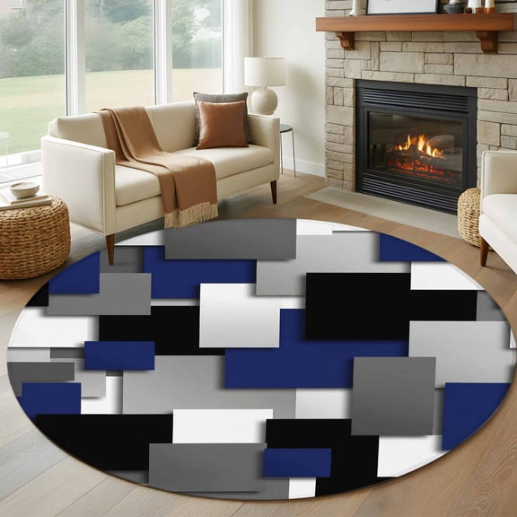 Modern Abstract Art 7ft Round Rug for Living Room Conversation Area, Navy Gray Black Rectangular Geometric Washable Non Slip Large Circle Area Rug