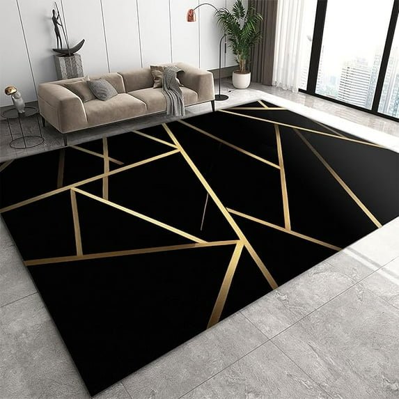 Modern Abstract Art Area Rug, Black Gold Geometry Rugs Floor Carpet, Indoor Non-Slip Kids Rug For Room Sofa Living Room Mat Bedroom Decor Floor Mats Minimalist Lines 5 x 8ft