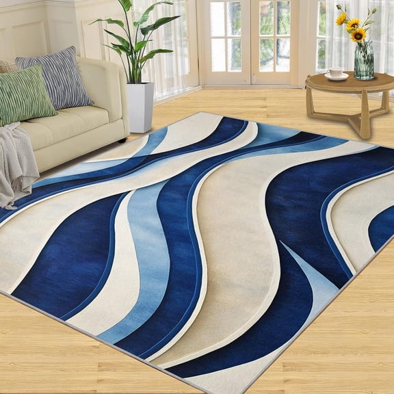 Modern Abstract Art Area Rugs, Blue White Geometric Carpet, Washable Non Slip Low Pile Soft Rug for Living Room Bedroom Dining Room Home Office Decor Mat 2x3ft
