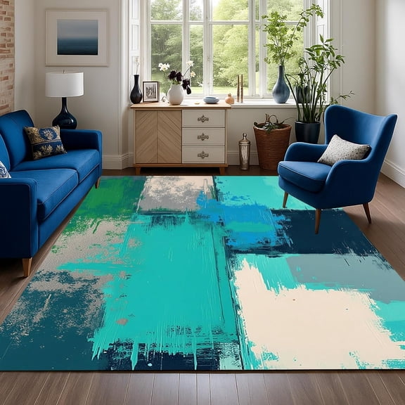 Modern Abstract Art Area Rugs, Teal Blue Beige Gray Oil Painting Design Carpet, Washable Non Slip Low Pile Rug for Living Room Bedroom Dining Room Kitchen Decor Mat 2x3ft