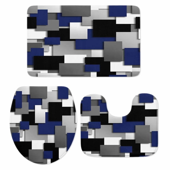 Modern Abstract Art Bathroom Rugs Set Navy Gray Black Rectangular Geometric Non Slip Absorbent Soft Bath Mats 3 Piece Set with Bathroom Rug, U-Shaped Floor Mat, Toilet Seat Cover Small Size