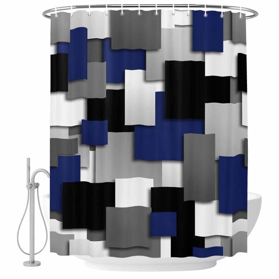 Modern Abstract Art Bathroom Shower Curtains with Hooks, Navy Gray Black Rectangular Geometric Waterproof Fabric Washable Shower Curtain for Home Hotel Bathtub Decor 54x78 Inch