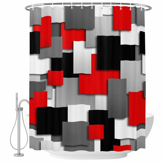 Modern Abstract Art Bathroom Shower Curtains with Hooks, Red Gray Black Rectangular Geometric Waterproof Fabric Washable Shower Curtain for Home Hotel Bathtub Decor 60x72 Inch