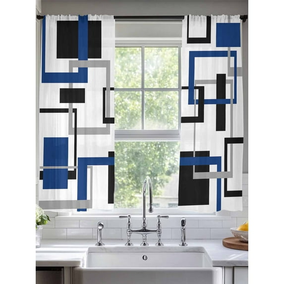Modern Abstract Art Black Navy-Blue Geometric Line Sheer Curtains 63 Inches Long 2 Panels Light Filtering Semi Sheer Window Curtains Drapes for Bedroom Living Room 52"x63" 2 Panels