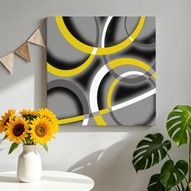 Abstract Clock Automotive Modern Abstract Art Canvas Wall Art, Yellow Grey Geometric Circle ...