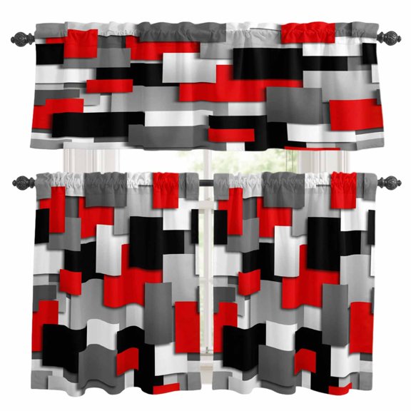 Modern Abstract Art Kitchen Curtains Set for Windows, Red Gray Black Rectangular Geometric Curtains Valance and Tier 3 Piece Set Small Drapes 24 Inch Length for Kitchen Bedroom Decor