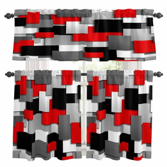 Modern Abstract Art Kitchen Curtains Valances and Tiers Set of 3 Red Gray Black Rectangular Geometric Tier Curtains and Valance with Rod Pocket for Small Windows, 27.5"x24"