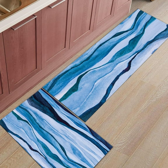 Modern Abstract Art Kitchen Mat 2 PCS Cushion Comfort Mat, Non Slip Kitchen Mats for Floor, Blue Watercolor Paint Kitchen Rugs Standing Desk Mat Floor Mats for House, Sink, Office