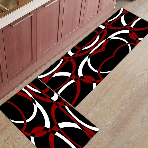 Modern Abstract Art Kitchen Mats for Floor Cushioned Anti Fatigue 2 Piece Set Kitchen Runner Rugs Non Skid Washable Geometric Circle Black Red Doormat for Kitchen Bathroom Bedroom Decor