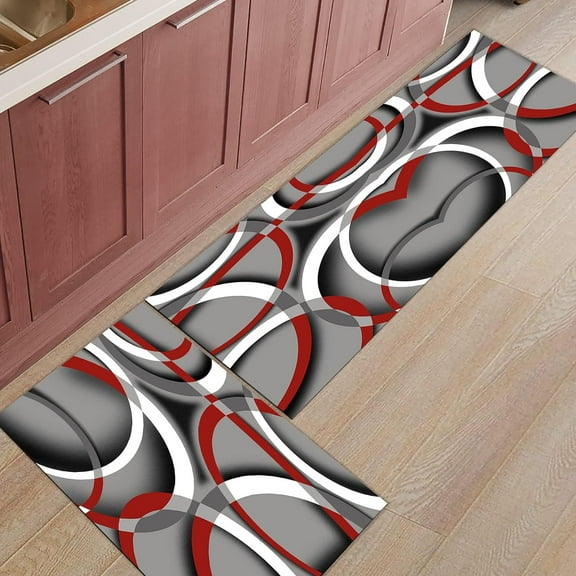 Modern Abstract Art Kitchen Mats for Floor Cushioned Anti Fatigue 2 Piece Set Kitchen Runner Rugs Non Skid Washable Geometric Circle Red Grey Doormat for Kitchen Bathroom Bedroom Decor