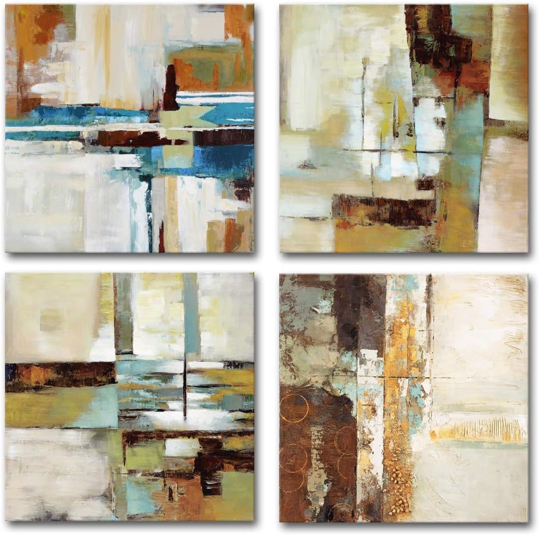 Modern Abstract Art Painting Blue and Brown Canvas Wall Art Print Set